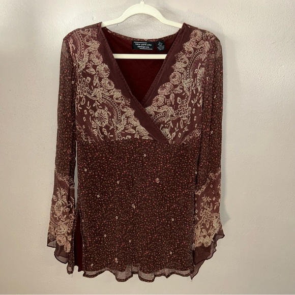 New York & Company Tops - New York & Company VTG Burgundy silk boho whismigoth paisley Floral Blouse